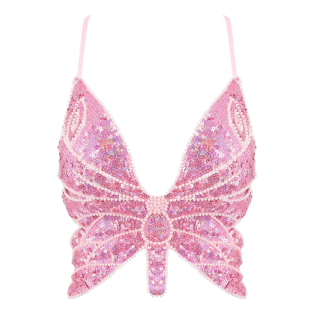 NWT Women's Pink Sequin Beaded Butterfly Crop Top Y2K Festival Medium